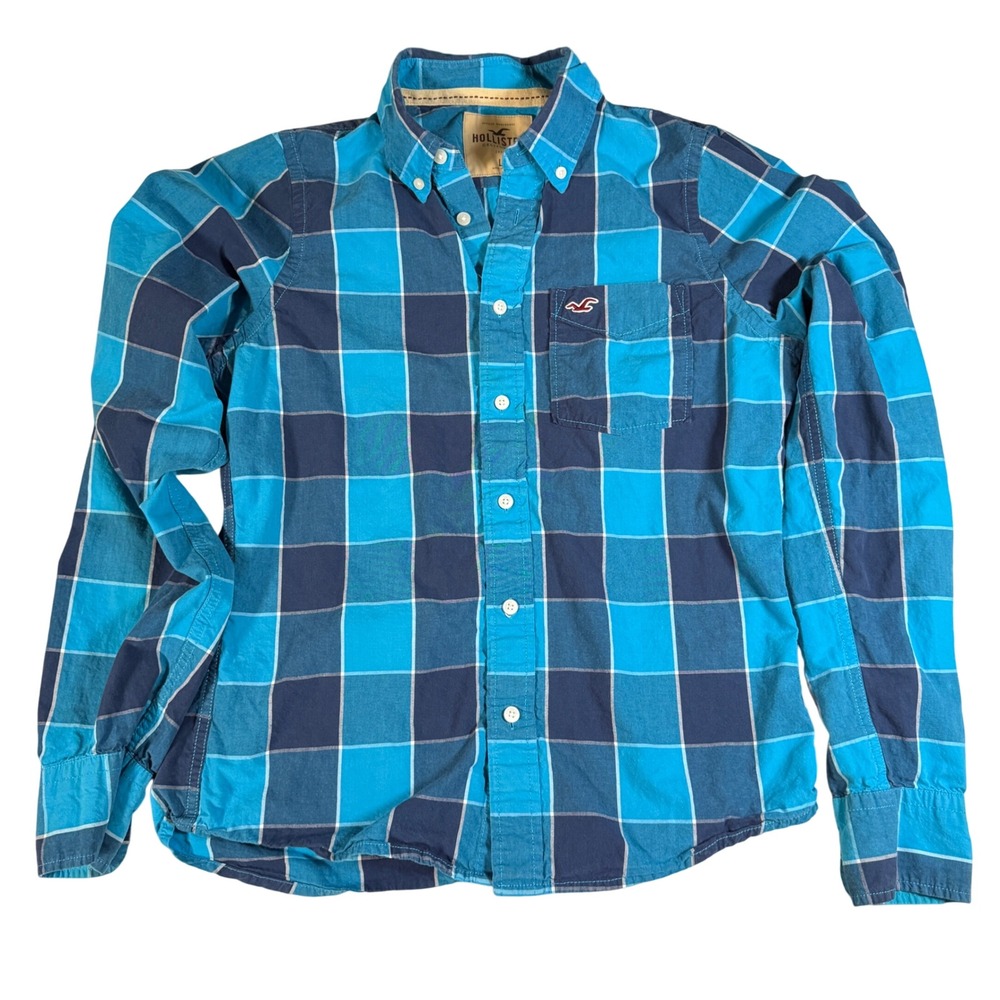 Hollister Mens Plaid Button Down‎ Shirt Long Sleeve Blue Size Large Cotton